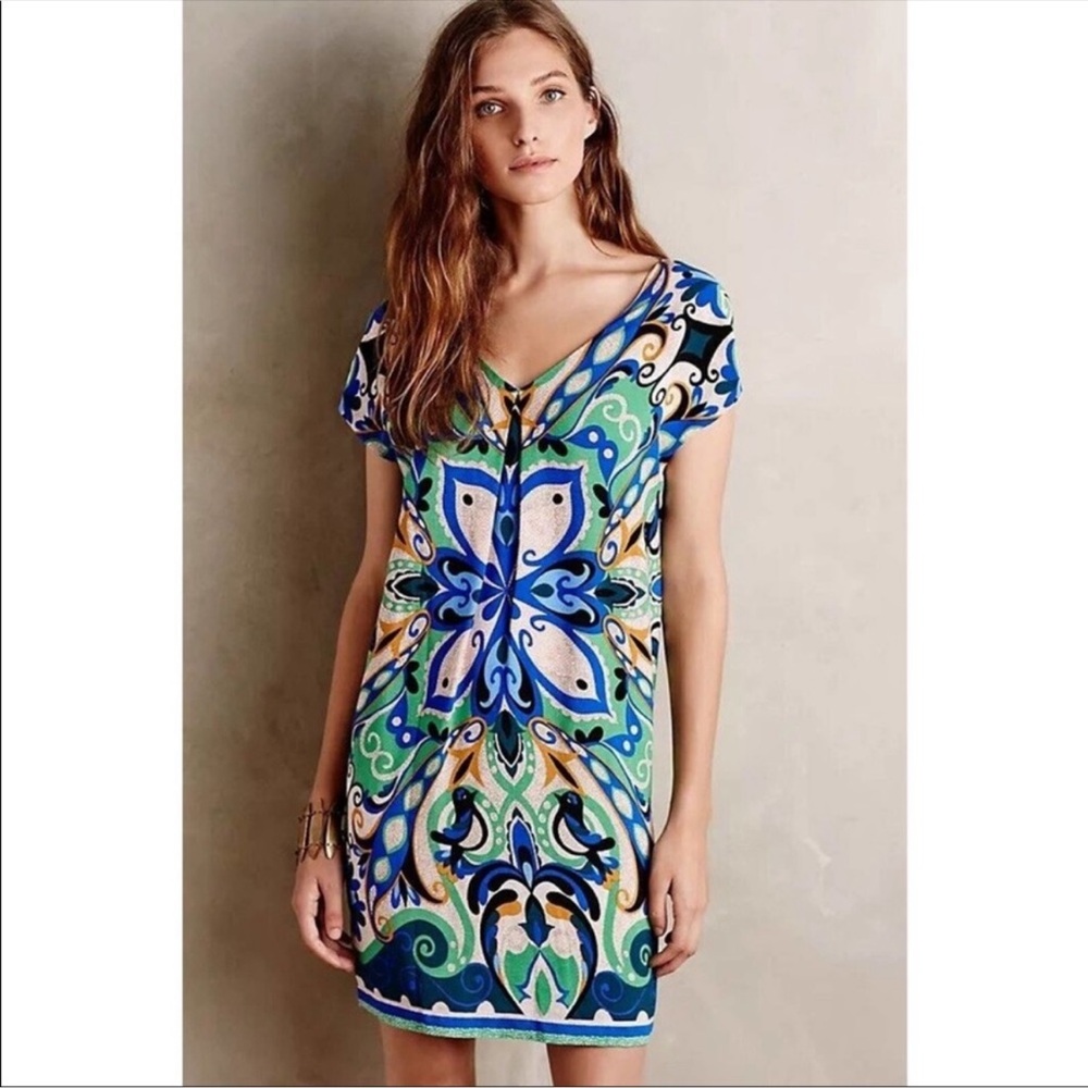 Maeve Anthropology V Neck Tunic Folksong Bird Print Shift Dress